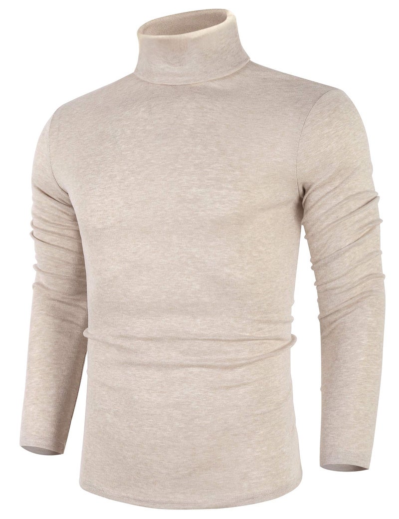 Poriff Mens Lightweight Long Sleeve Turtleneck Top Pullover Slim Fit Sweater Apricot L - Image 1